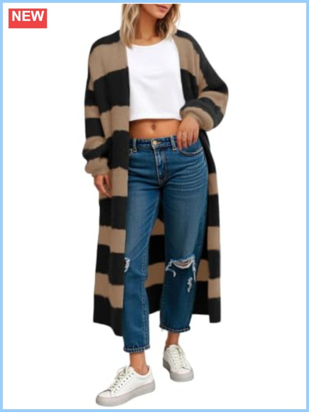 Striped Long Cardigan Sweater Open Front Oversized Fuzzy Knit Duster Coat